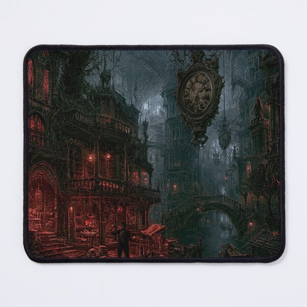 Item preview, Velmoor: The Scholar's Dock | Dark Fantasy Gothic Library Canal Art Print designed and sold by Opetis.