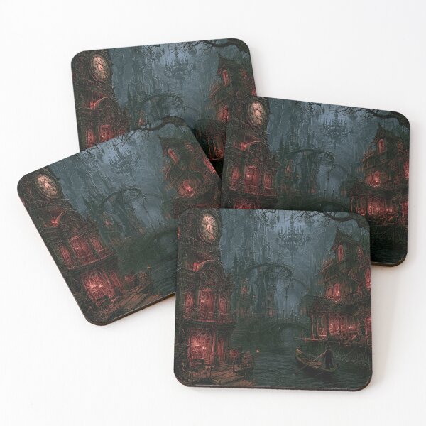 Item preview, Velmoor: The Three Faces | Dark Fantasy Clockmaker Gothic Canal Art Print designed and sold by Opetis.