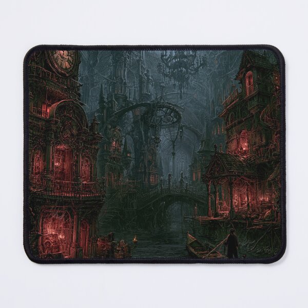 Item preview, Velmoor: The Three Faces | Dark Fantasy Clockmaker Gothic Canal Art Print designed and sold by Opetis.