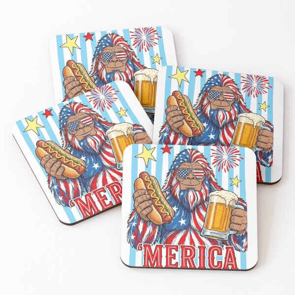 Item preview, Bigfoot 4th of July Patriotic American Flag Sasquatch Beer Drinking Hotdog designed and sold by HalloweenGift.