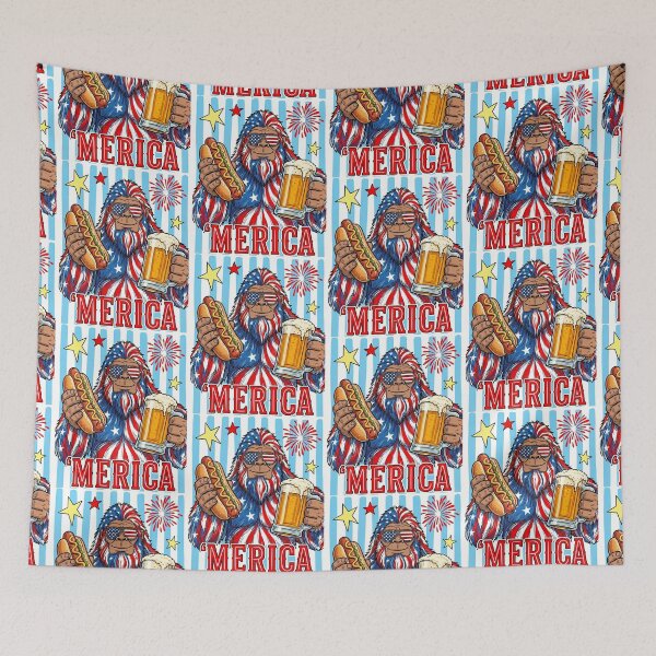 Item preview, Bigfoot 4th of July Patriotic American Flag Sasquatch Beer Drinking Hotdog designed and sold by HalloweenGift.