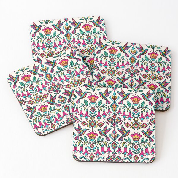Item preview, Geometric Hummingbird Pattern with Pink Fuchsia Flower in Tribal Art Style designed and sold by SplashTastic.