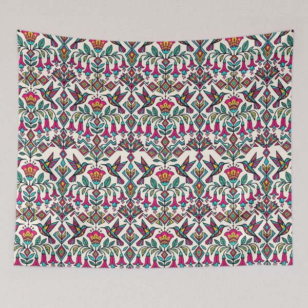 Item preview, Geometric Hummingbird Pattern with Pink Fuchsia Flower in Tribal Art Style designed and sold by SplashTastic.
