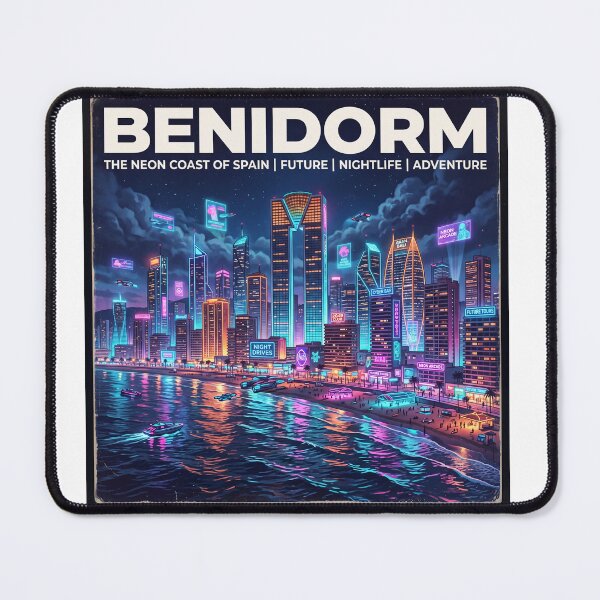 Item preview, Benidorm Spain Cyberpunk Poster - Neon City Skyline Art Print designed and sold by ryanguas.