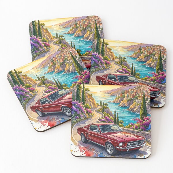 Item preview, Watercolor Illustration Vintage Muscle Car Cruising Coastal Highway designed and sold by RevUpDesign.