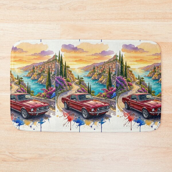Item preview, Watercolor Illustration Vintage Muscle Car Cruising Coastal Highway designed and sold by RevUpDesign.