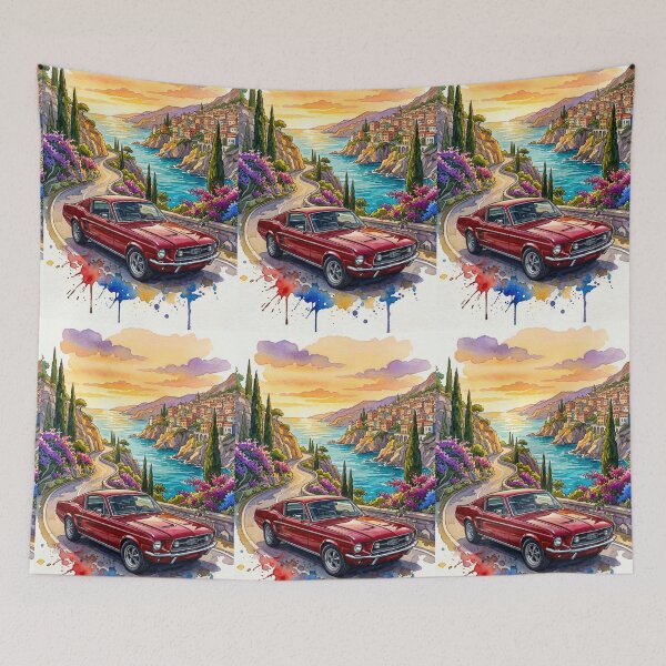 Item preview, Watercolor Illustration Vintage Muscle Car Cruising Coastal Highway designed and sold by RevUpDesign.