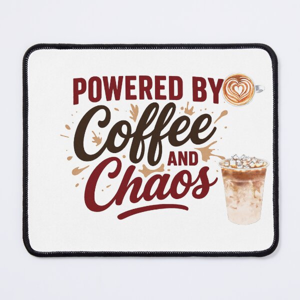 Item preview, "Powered By Coffee and Chaos" Funny Typography Design with picture of mocha hot and cold coffee for Essential T-shirt and apparel designed and sold by MKTreasures.