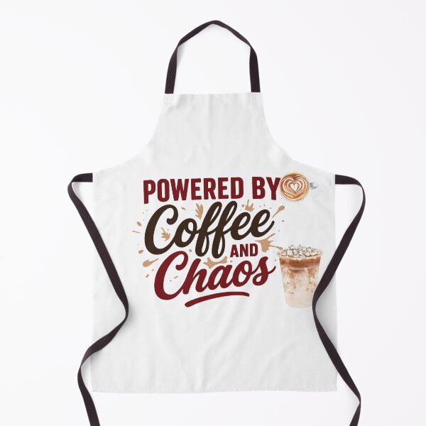 Item preview, "Powered By Coffee and Chaos" Funny Typography Design with picture of mocha hot and cold coffee for Essential T-shirt and apparel designed and sold by MKTreasures.