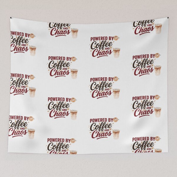 Item preview, "Powered By Coffee and Chaos" Funny Typography Design with picture of mocha hot and cold coffee for Essential T-shirt and apparel  designed and sold by MKTreasures.