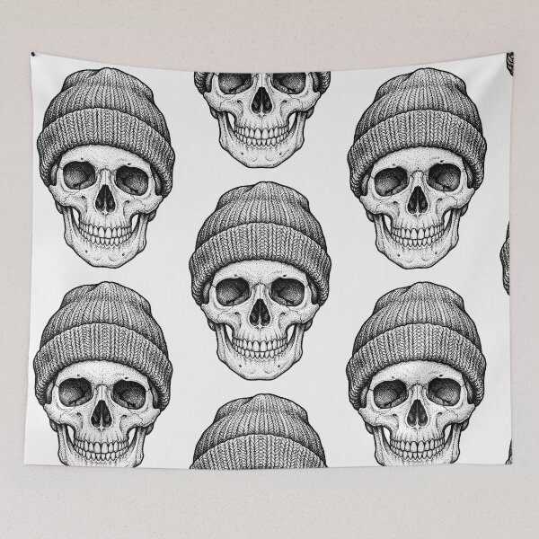 Item preview, Skull in Beanie Winter Knit Hat Dotwork Tattoo Art designed and sold by seven things shop.