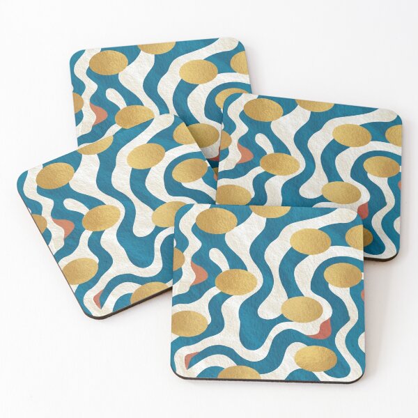 Item preview, Abstract Wavy Teal Pattern Retro Metallic Gold Dots Graphic Art designed and sold by WormJ.