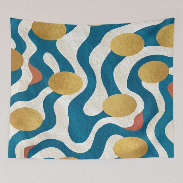 Item preview, Abstract Wavy Teal Pattern Retro Metallic Gold Dots Graphic Art designed and sold by WormJ.