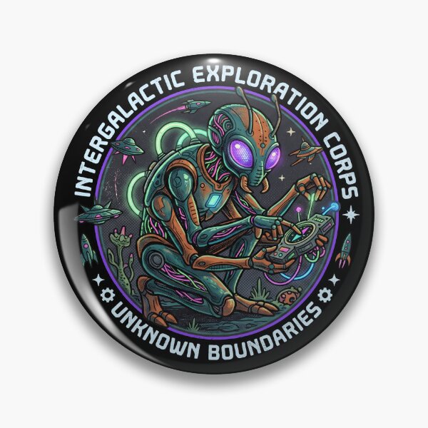 Item preview, Intergalactic Exploration Corps – Cyberpunk Mecha Alien Badge designed and sold by HornbillDesign.