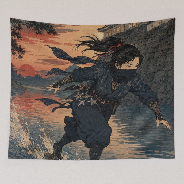 Item preview, Water Crossing Step - Vintage Japanese Ninja Ukiyo-e Woodblock designed and sold by bapupa.