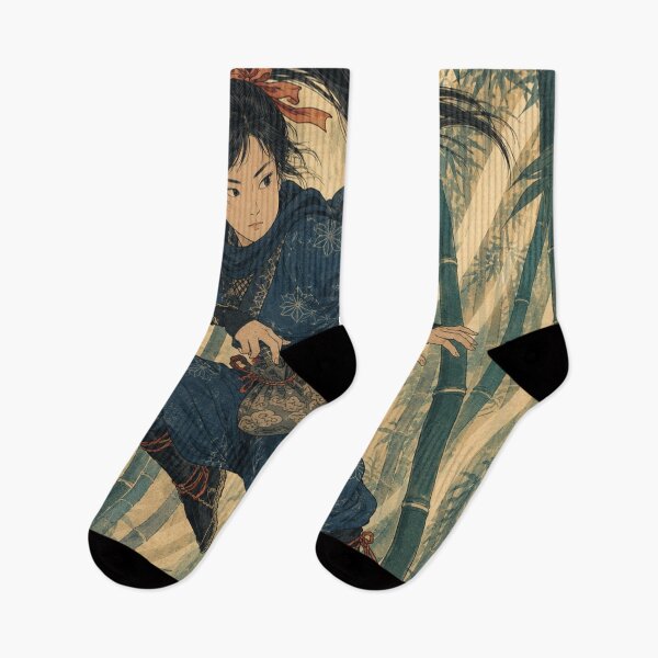 Item preview, Bamboo Forest Dash - Vintage Japanese Ninja Girl Ukiyo-e Woodblock designed and sold by bapupa.