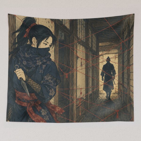 Item preview, Red Thread Snare - Vintage Japanese Ninja Girl Ukiyo-e Woodblock designed and sold by bapupa.