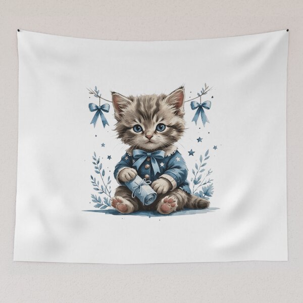 Item preview, Vintage Watercolor Blue Kitten with Love Letter Bow Art designed and sold by AQUILAKREO.