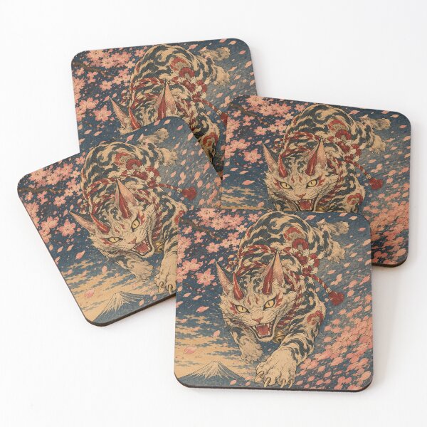 Item preview, Cherry Blossom Terror - Vintage Japanese Oni Cat Ukiyo-e Woodblock designed and sold by bapupa.