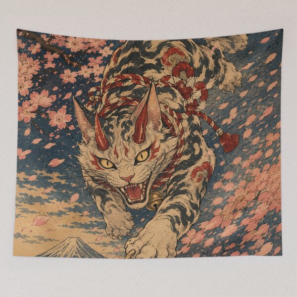 Item preview, Cherry Blossom Terror - Vintage Japanese Oni Cat Ukiyo-e Woodblock designed and sold by bapupa.