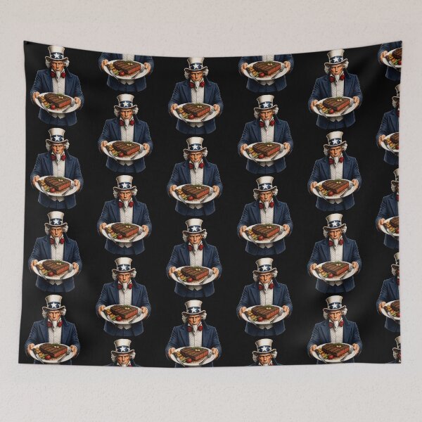Item preview, Funny Uncle Sam Serving Grilled Steak Patriotic BBQ Steak Lover Design designed and sold by TheTrendsDesk.
