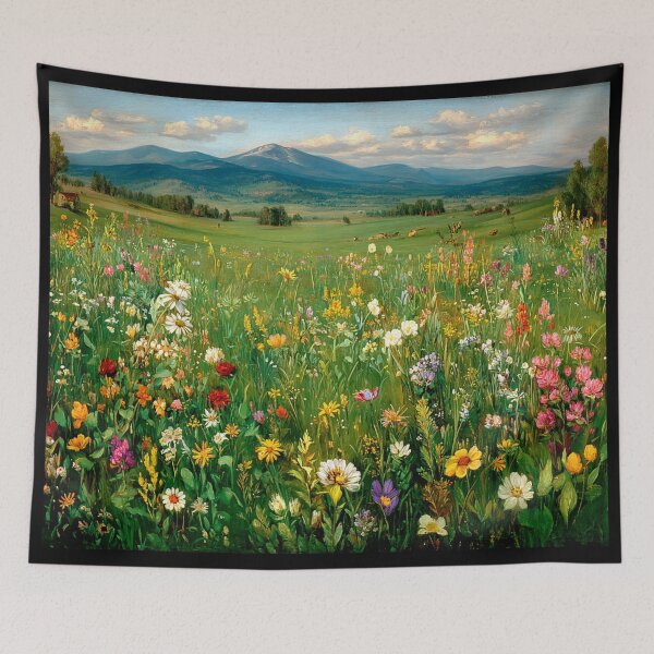 Item preview, Wildflower Meadow and Mountain Vista – Romantic Countryside Landscape Art designed and sold by Soul Garden Studio.