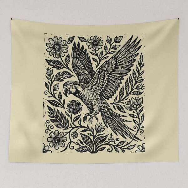 Item preview, Linocut Parrot Gothic Floral Cottagecore Birdwatching designed and sold by Y-Vibes.