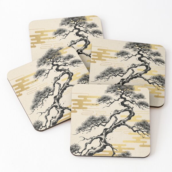 Item preview, Majestic Pine Tree with Gold Clouds - Japanese Ink Art designed and sold by Hikariha Studio.