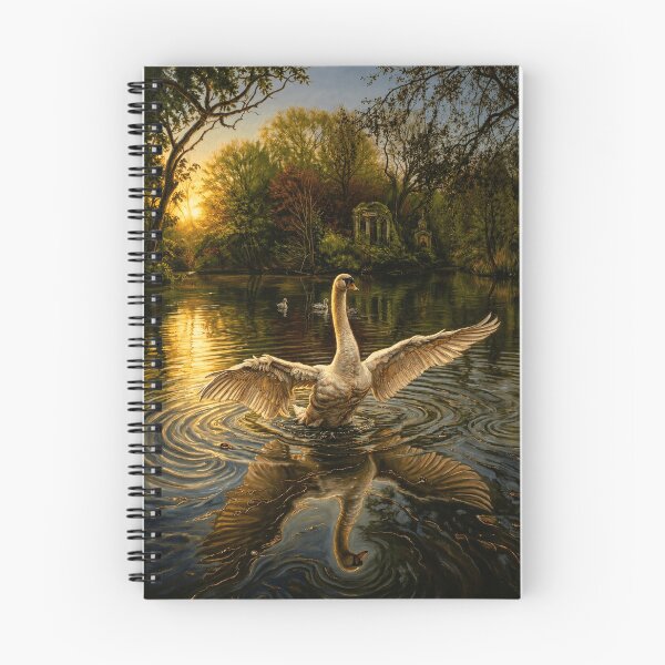 Item preview, A large, white swan is the centerpiece of the composition. It is positioned in the middle of a calm body of water with its wings fully spread, creating a powerful and graceful silhouette. designed and sold by kingrich.