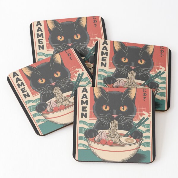 Item preview, Kawaii Black Cat Eating Ramen Japanese Ukiyo-e designed and sold by TeNovaStudio.