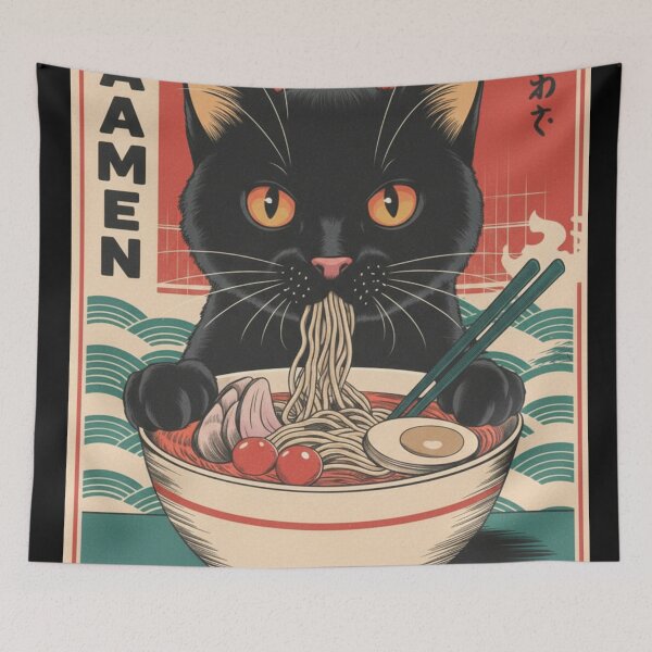 Item preview, Kawaii Black Cat Eating Ramen Japanese Ukiyo-e designed and sold by TeNovaStudio.