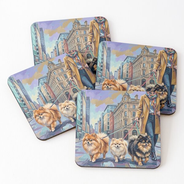Item preview, Three Pomeranians Walking in the City – Urban Dog Oil Painting designed and sold by Pfotenfaden.