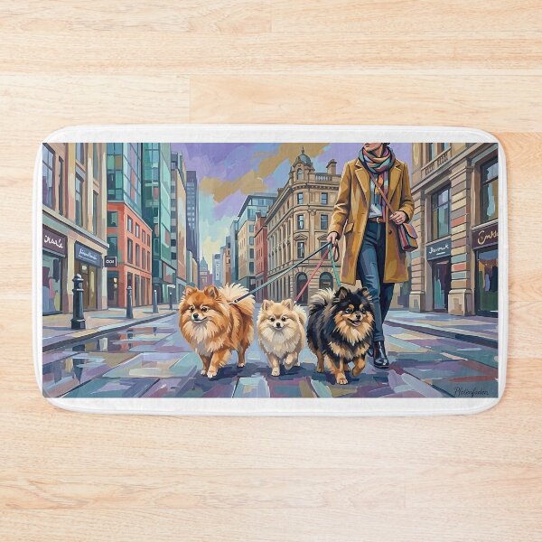 Item preview, Three Pomeranians Walking in the City – Urban Dog Oil Painting designed and sold by Pfotenfaden.