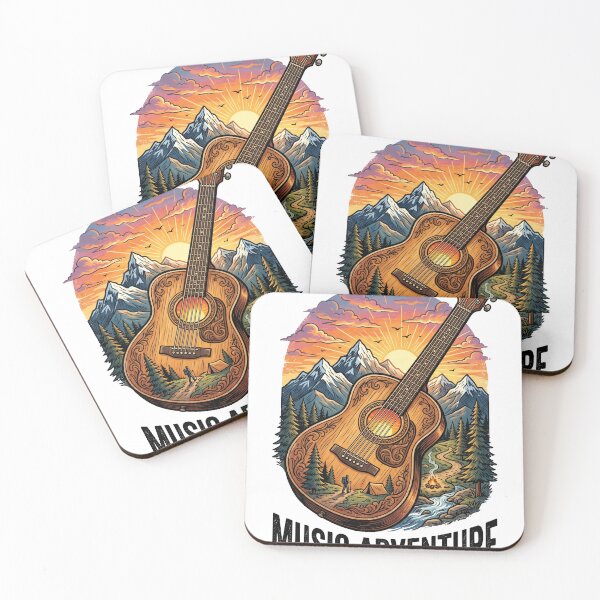 Item preview, Acoustic guitar combined with mountain scenery and sunset elements, creative music adventure designed and sold by misbahsiro.
