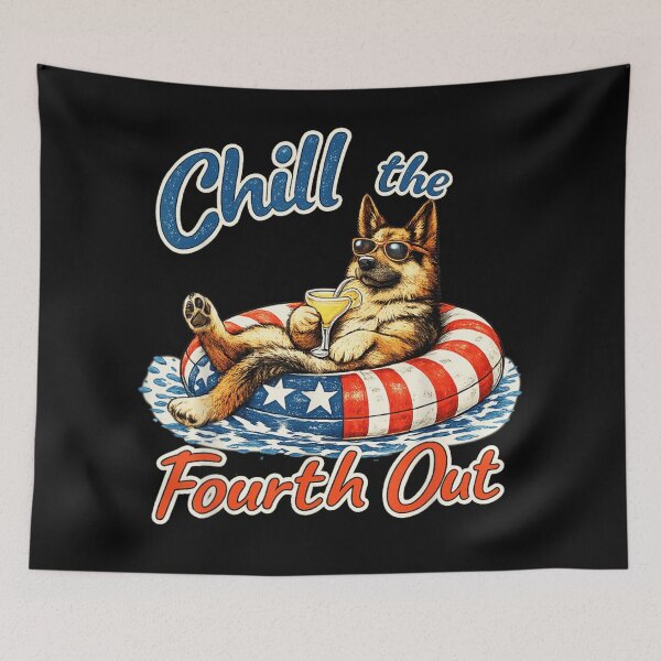 Item preview, Chill The Fourth Out German Shepherd Dog Floating In Swimming Pool Art designed and sold by GalenoHenley.