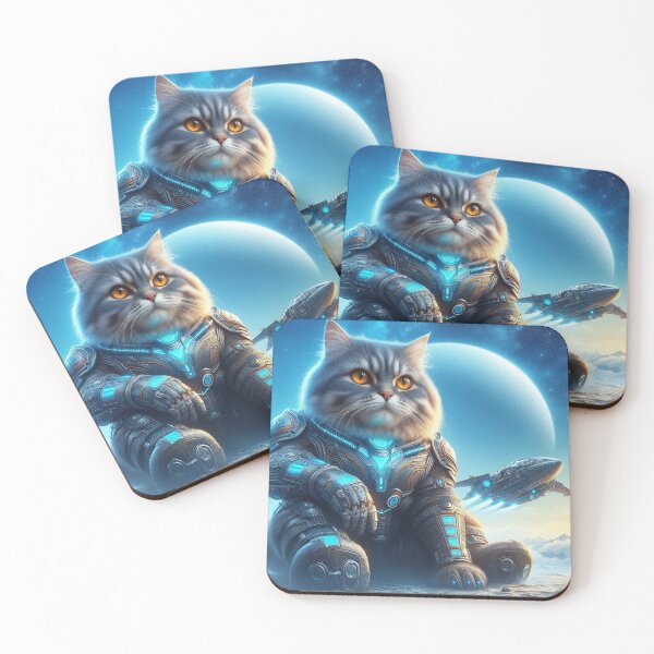 Item preview, Futuristic Armored Space Cat in Cosmic SciFi Landscape with Starship and Planet Glow designed and sold by FotoworldEdel.