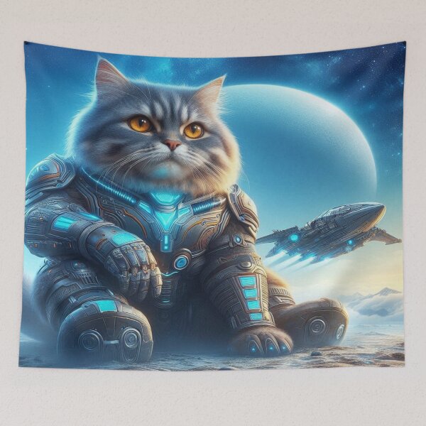 Item preview, Futuristic Armored Space Cat in Cosmic SciFi Landscape with Starship and Planet Glow designed and sold by FotoworldEdel.