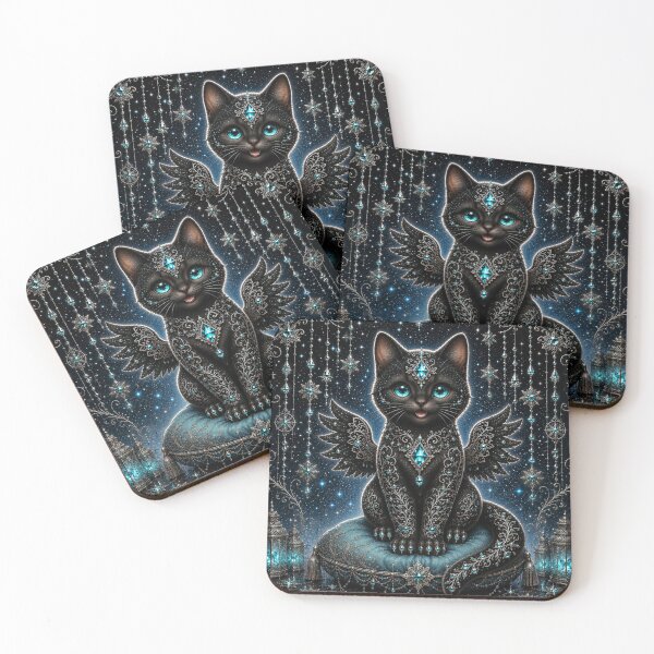 Item preview, Turquoise Black Angel Cat Dreamscape Fantasy Art Mystical Good Fortune Guardian designed and sold by Mindworx21.