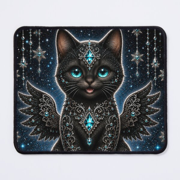 Item preview, Turquoise Black Angel Cat Dreamscape Fantasy Art Mystical Good Fortune Guardian designed and sold by Mindworx21.