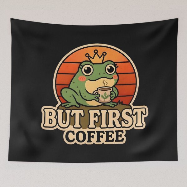 Item preview, But First Coffee Frog Sticker – Cute Frog Coffee Lover Sticker, Funny Frog Meme, Kawaii Frog with Coffee Cup, Coffee Lover Laptop Sticker designed and sold by Basma Designs | Funny Shirts, Stickers & Mugs.