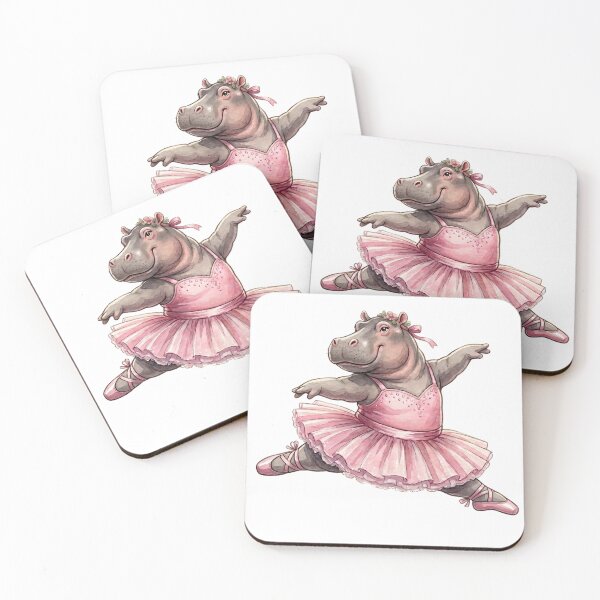 Item preview, Cute Hippo Ballerina Leap In Pink Tutu Watercolor Art designed and sold by DH-ArtLab.
