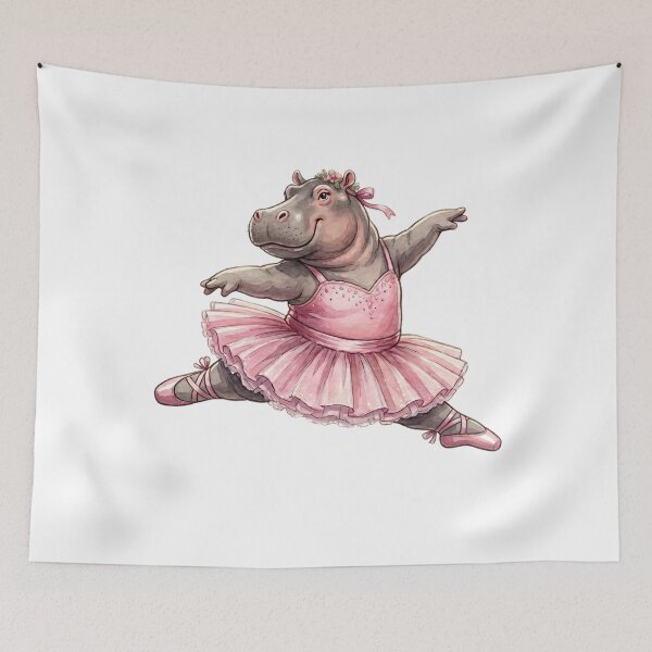 Item preview, Cute Hippo Ballerina Leap In Pink Tutu Watercolor Art designed and sold by DH-ArtLab.