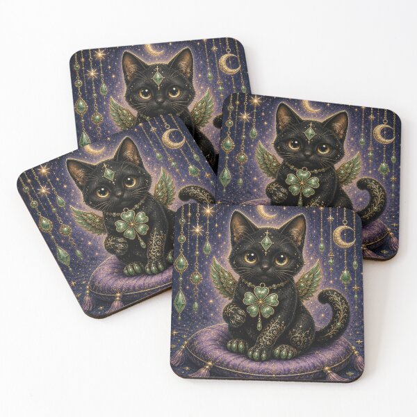 Item preview, Celestial Jade Black Clover Cat Fantasy Art Lucky Guardian Dreamscape designed and sold by Mindworx21.
