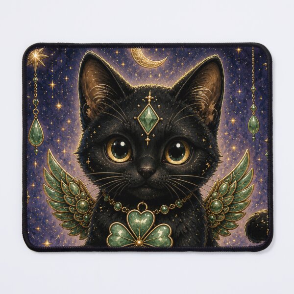Item preview, Celestial Jade Black Clover Cat Fantasy Art Lucky Guardian Dreamscape designed and sold by Mindworx21.