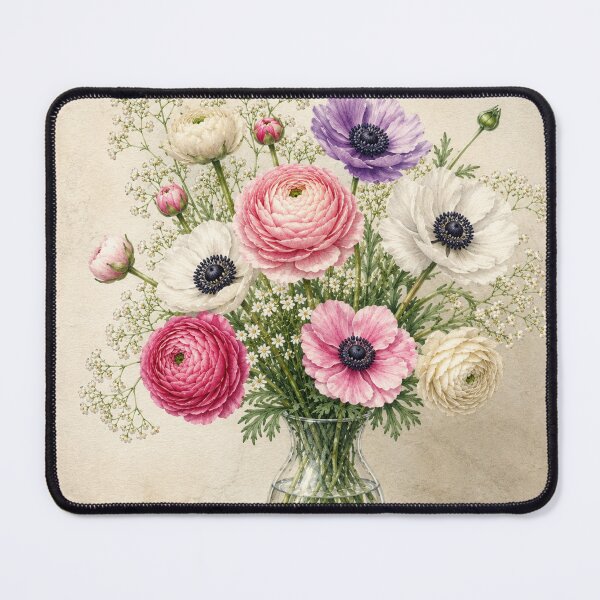 Item preview, Romantic Ranunculus and Anemone Bouquet in Glass Vase – Vintage Botanical Watercolor Art designed and sold by Soul Garden Studio.
