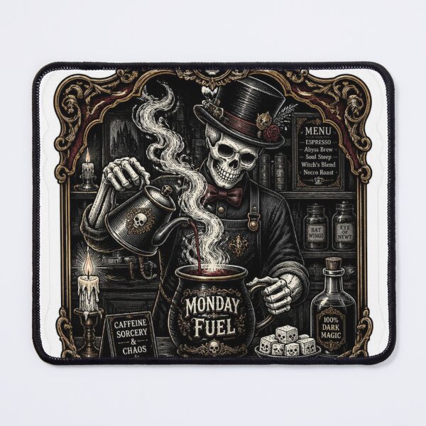 Item preview, Monday Fuel: Gothic Skeleton Coffee Alchemist | Dark Academia Coffee Lover Vintage Skull Art designed and sold by Zenvique Art.