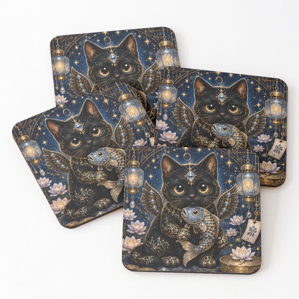 Item preview, Blue Sapphire Koi Good Fortune Guardian Black Cat Dreamscape designed and sold by Mindworx21.