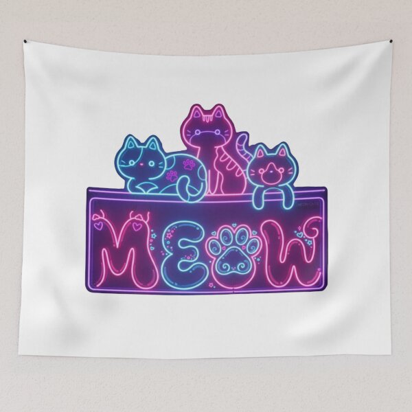 Item preview, Neon Meow Cats – Cute Cyberpunk Cat Sign with Glowing Paw Print designed and sold by Joyfulfabric.