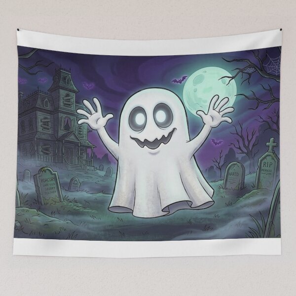 Item preview, Spooky Cartoon Ghost in Graveyard designed and sold by AirCrayons27.