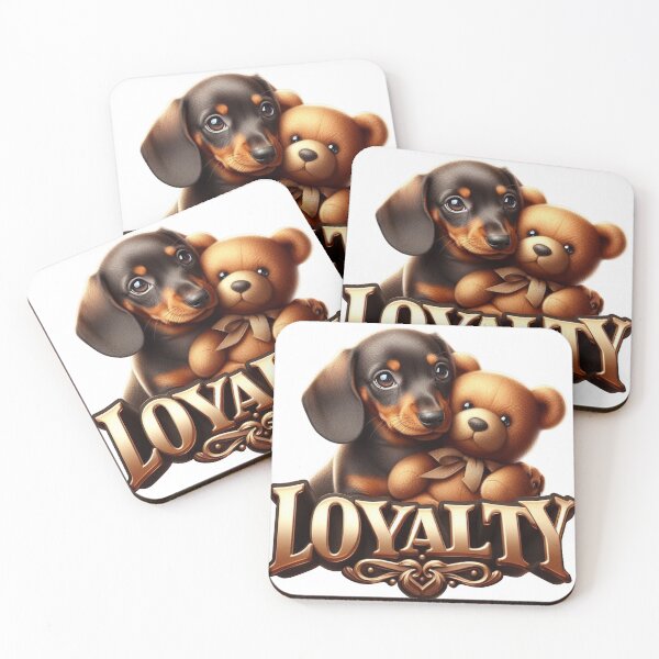 Item preview, Dachshund Puppy Hugging Teddy Bear with Loyalty Text designed and sold by Artdrop62.